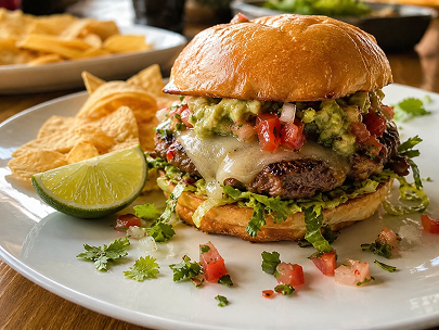 REPLACE → Taco Burger close-up, cheese + pico, chips on side